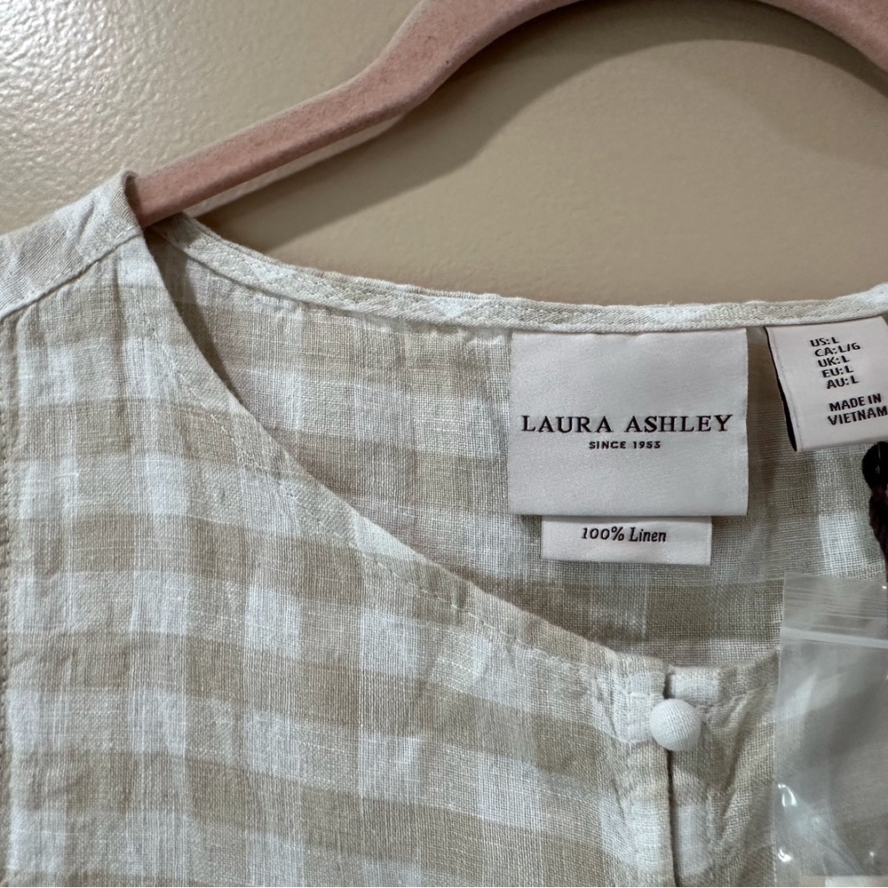 Laura Ashley NWT Women’s L Beige Gingham 100% Linen Sleeveless Button-Up Vest - Picture 4 of 5